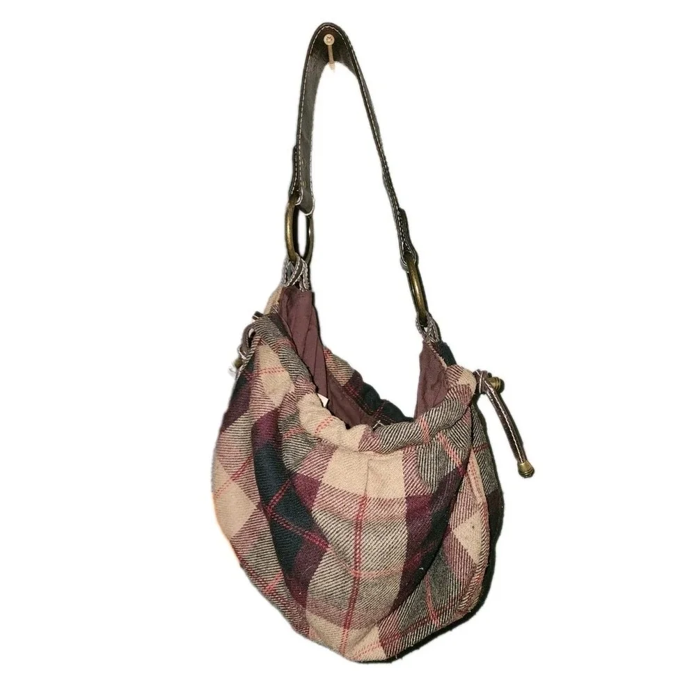 Women's Y2K Plaid Purse, Hand Bag By Old Navy Tan, Eggplant And Red